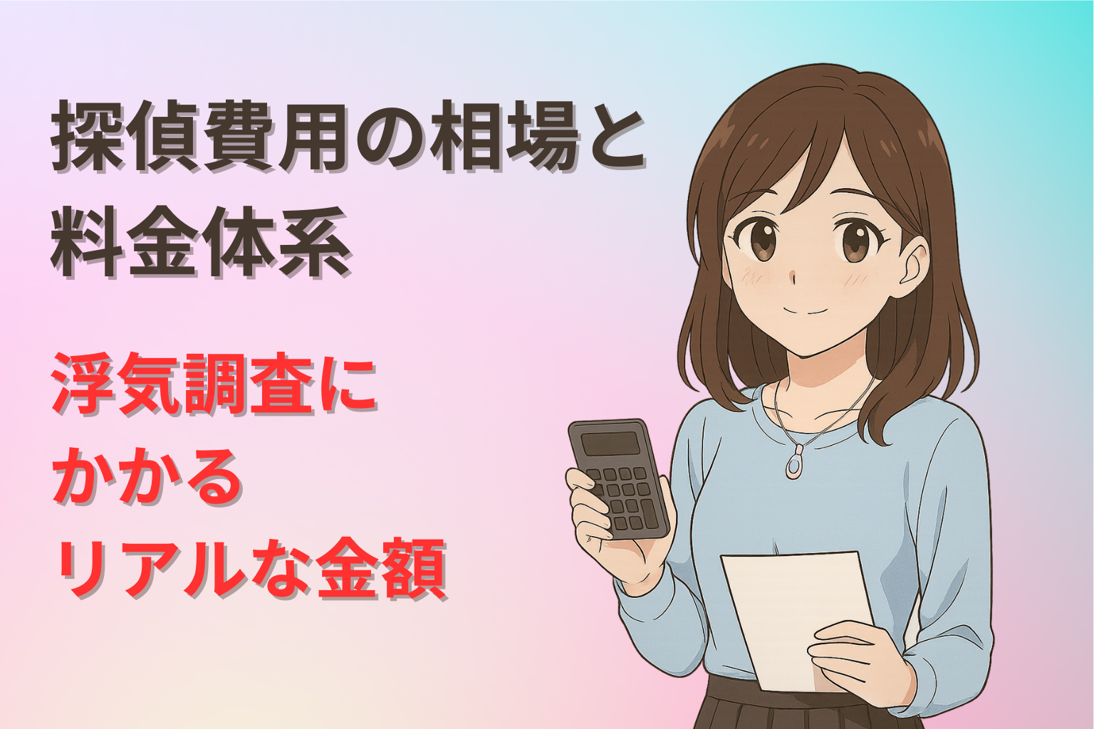 探偵費用の相場と料金を電卓で確認する女性キャラクターのイラスト(浮気調査にかかる費用イメージ)