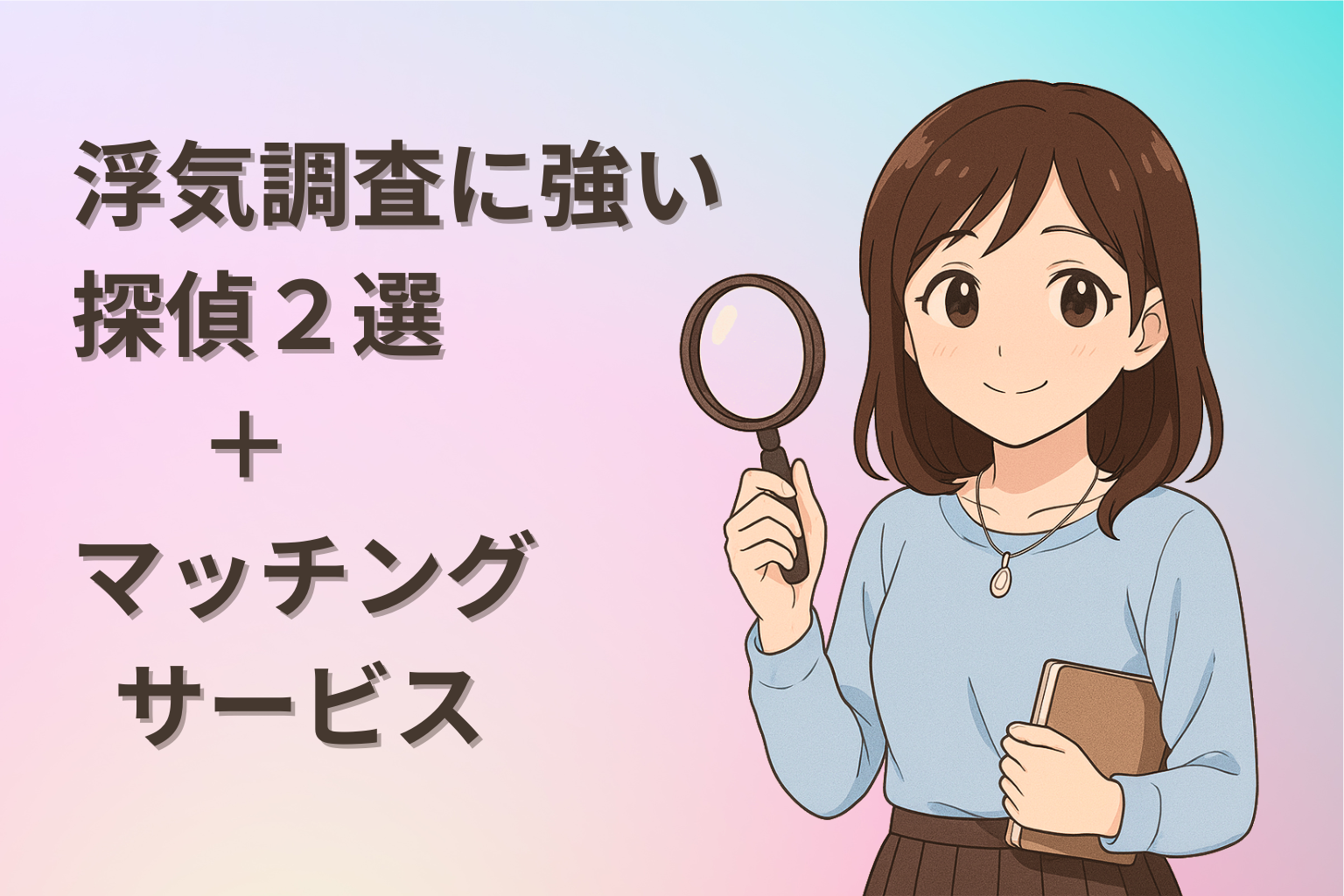 探偵選びに悩む女性がルーペとノートを手に持ち、探偵事務所の比較をイメージしたイラスト